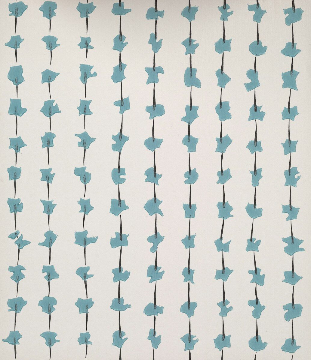 Abstract pattern of blue shapes on vertical lines
